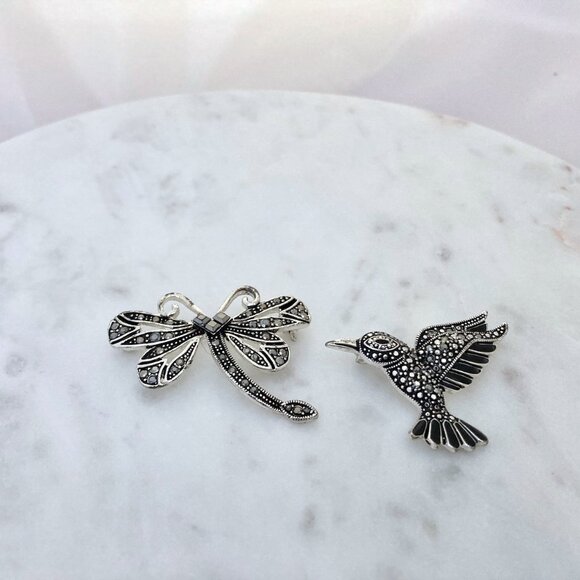 Silver Tone and Black Hummingbird and Dragonfly Brooches - Picture 1 of 5